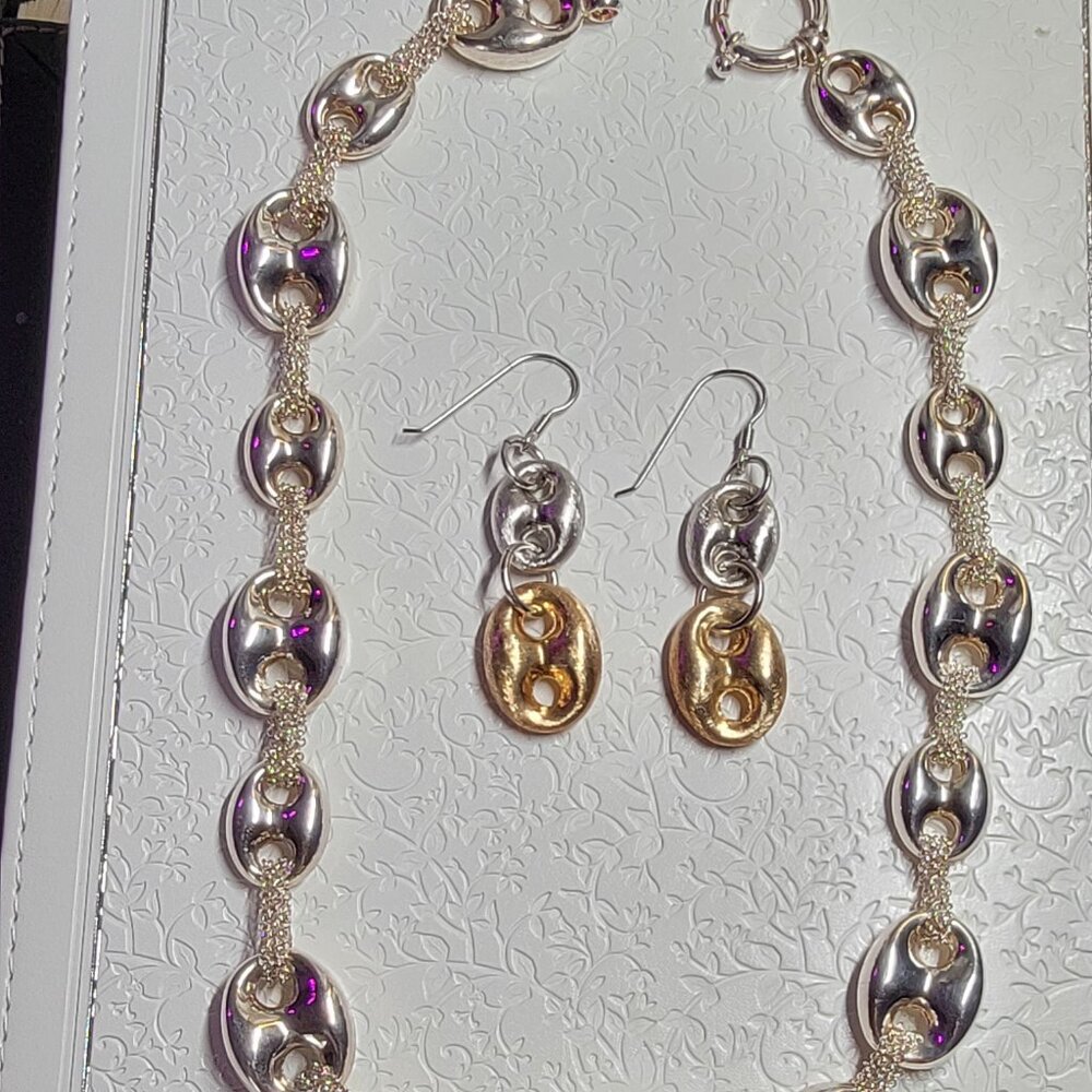 Silver High Polish Puffy Mariner Link Necklace 48.42 grams & Matching Earrings